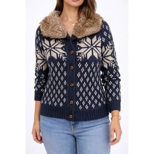 ASOBIO Cardigan Sweater  Small Navy Blue Nordic Faux Fur Collar Sherpa Lined